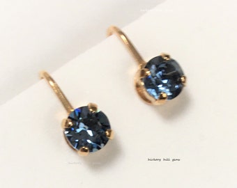 Blue Crystal Clip-on Earrings, denim indigo blue rhinestone clip ons, light navy blue sapphire medium blue 7mm stone, Gold / Silver Plated