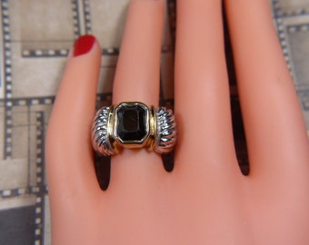 Vintage Silber und Schwarz Strass Ring -- Größe 5 - R-318