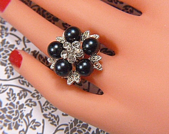 Vintage Black Bead and Rhinestone Ring -- Size Adjustable - R-369