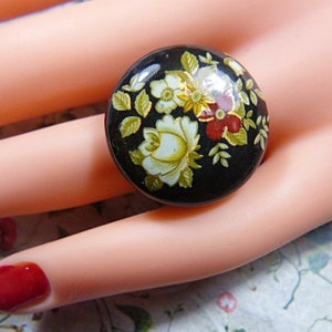 Vintage Asian Inspired Black Flower Ring -- Size Adjustable - R-368