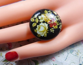 Vintage Asian Inspired Black Flower Ring -- Size Adjustable - R-368