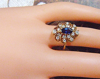 Vintage Gold und Strass Blau Solitär Ring -- Größe 5,5 - R-004