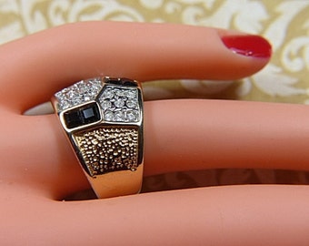 Vintage Schachbrett Stil Schwarz und Klar Strass Ring -- Größe 6,5 - R-499