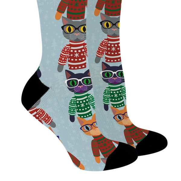 Funny Cat Themed Christmas Socks Cat Ugly Sweater Socks Cat Lover Gifts Funny Santa Hat Cat Print Novelty Crew Socks - CSK-0500