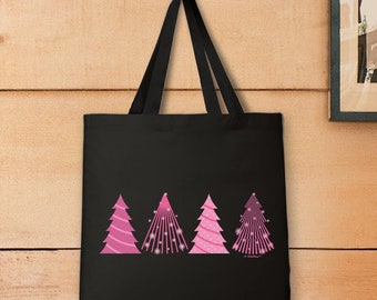 Christmas Tote Bag: Pink Christmas Trees, Cotton Canvas With Strap