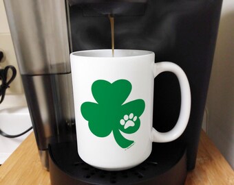 St Patrick's Day Coffee Mug: Shamrock with Paw Print, 11oz/15oz White Ceramic