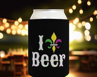Mardi Gras Drink Sleeve: I Love Beer, Polyfoam 12oz Standard or Slim Can