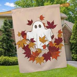 Halloween House Flag: Fall Ghost with leaves, Double Sided 28"x40"