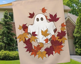 Halloween House Flag: Fall Ghost with leaves, Double Sided 28"x40"