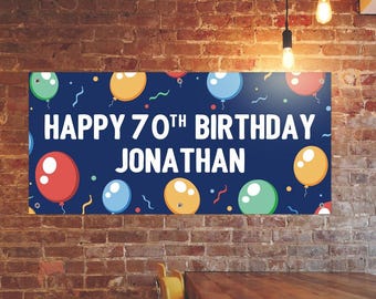 Personalized 70th Birthday Banner: 70th Birthday Banner with Colorful Balloons, 24"x51" Vinyl With Grommets