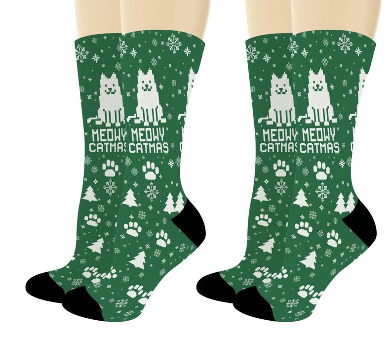 Funny Cat Themed Christmas Socks Meowy Catmas Cat Lover Gifts Etsy