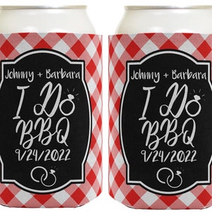 BBQ Wedding Favors I Do BBQ with Custom Text Red Personalized Can Drink Thermocooler or Slim Seltzer Can Coolies