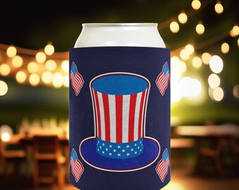 4th of July Drink Sleeve: Uncle Sam Hat And Flags Navy, Polyfoam 12oz Standard or Slim Can