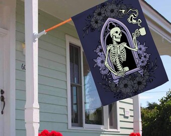 Halloween House Flag Gothic Home Accessories Skeleton in A Window Drinking Coffee Vertical House Flag