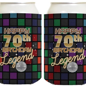 70th Birthday Party Favors, Happy 70th Birthday Legend, Can Cooler, Can Cozies, Standard Can Drink or Slim Can Coolers Party Pack