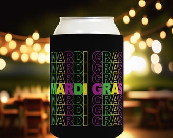 Mardi Gras Drink Sleeve: Mardi Gras Word Art, Polyfoam 12oz Standard or Slim Can