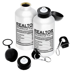 Realtor Gift Water Bottle - 18oz Aluminum, 'Nutritional Facts' Design, With Sport & Screw Tops