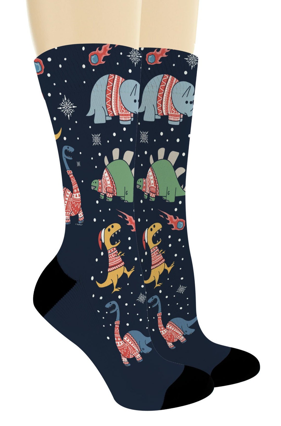 Funny Holiday Socks Dinosaur Christmas Sweater Socks Ugly Etsy