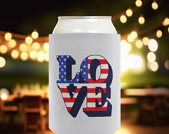 4th of July Drink Sleeve: Love America Word Art Light, Polyfoam 12oz Standard or Slim Can