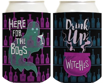 Here For The Boos Drink Up Witches 2 Sided Can Cooler, Funny Can Coolers, Halloween Party Favors, Drink Up Witches, Slim Can Cooler