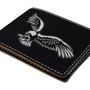 Billetera plegable de cuero sintético grabada con láser para hombre con águila calva