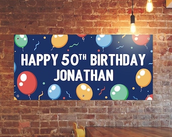 Personalized 50th Birthday Banner: 50th Birthday Banner with Colorful Balloons, 24"x51" Vinyl With Grommets
