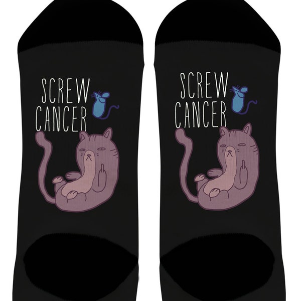 Cancer Survivor Gifts Screw Cancer Socks Cancer Awareness Cat Middle Finger Socks Nurse or Doctor Novelty Crew Socks - CSK-0319