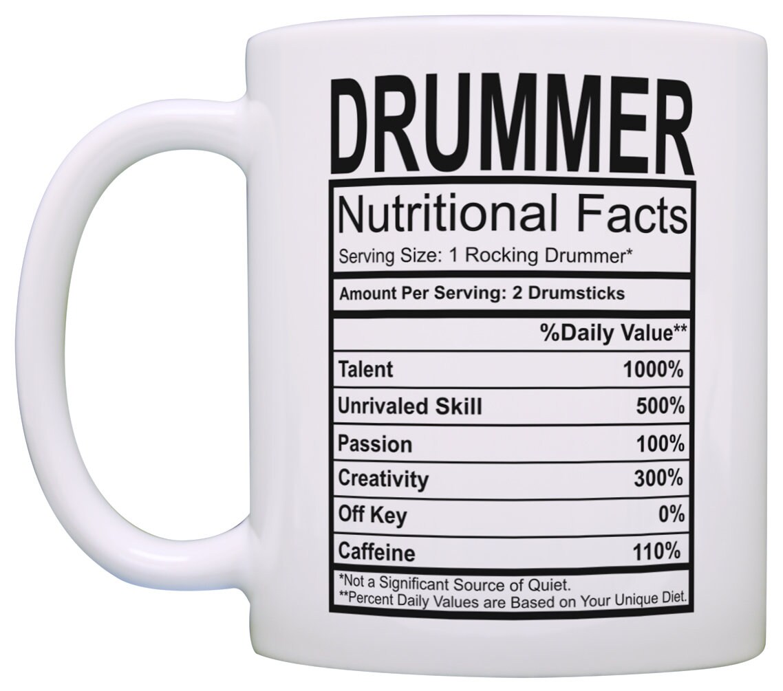 LisaArticles Tazze Mug,Regali del Batterista Batterista Valori nutrizionali Etichetta Percussion Drum Player Regalo Tazza da caffè Tazza da tè Bianco 