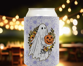 Halloween Drink Sleeve: Classic Ghost with Pumpkin, Polyfoam 12oz Standard or Slim Can