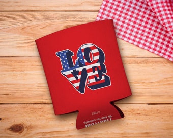 4th of July Drink Sleeve: Love America Word Art Red, Polyfoam 12oz Standard or Slim Can