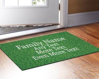 Personalized Home Decor Doormat: 4 Lines Custom Text Simulated Turf Grass, Indoor/Outdoor Low Profile 29x15