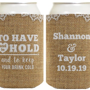 Have Hold Keep Drink Cold Simulated Burlap with Names & Date Personalized Can Drink Thermocooler or Slim Seltzer Can Coolies