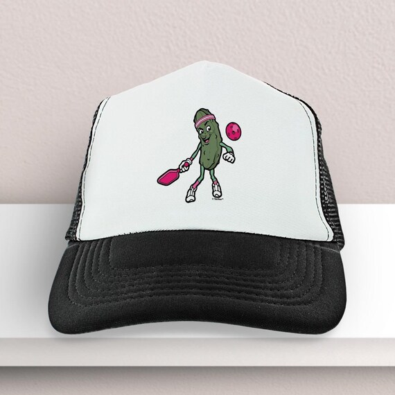 Pickleball Trucker Hat: Pickle Playing Pickleball, Adjustable Snapback 5 Panel
