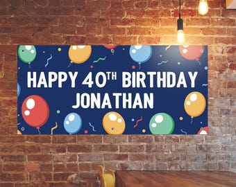 Personalized 40th Birthday Banner: 40th Birthday Banner with Colorful Balloons, 24"x51" Vinyl With Grommets