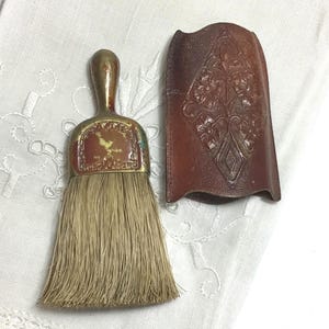 Antique Clothing Brush in Tooled Leather Case - Little Whisk Broom