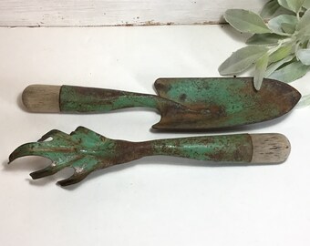 2 Vintage Green Garden Tools - Garden Fork - Trowel