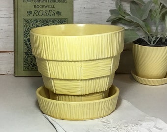Vintage LARGE McCoy Planter - Yellow Basket Weave Flowerpot - Attached Saucer - 1950's