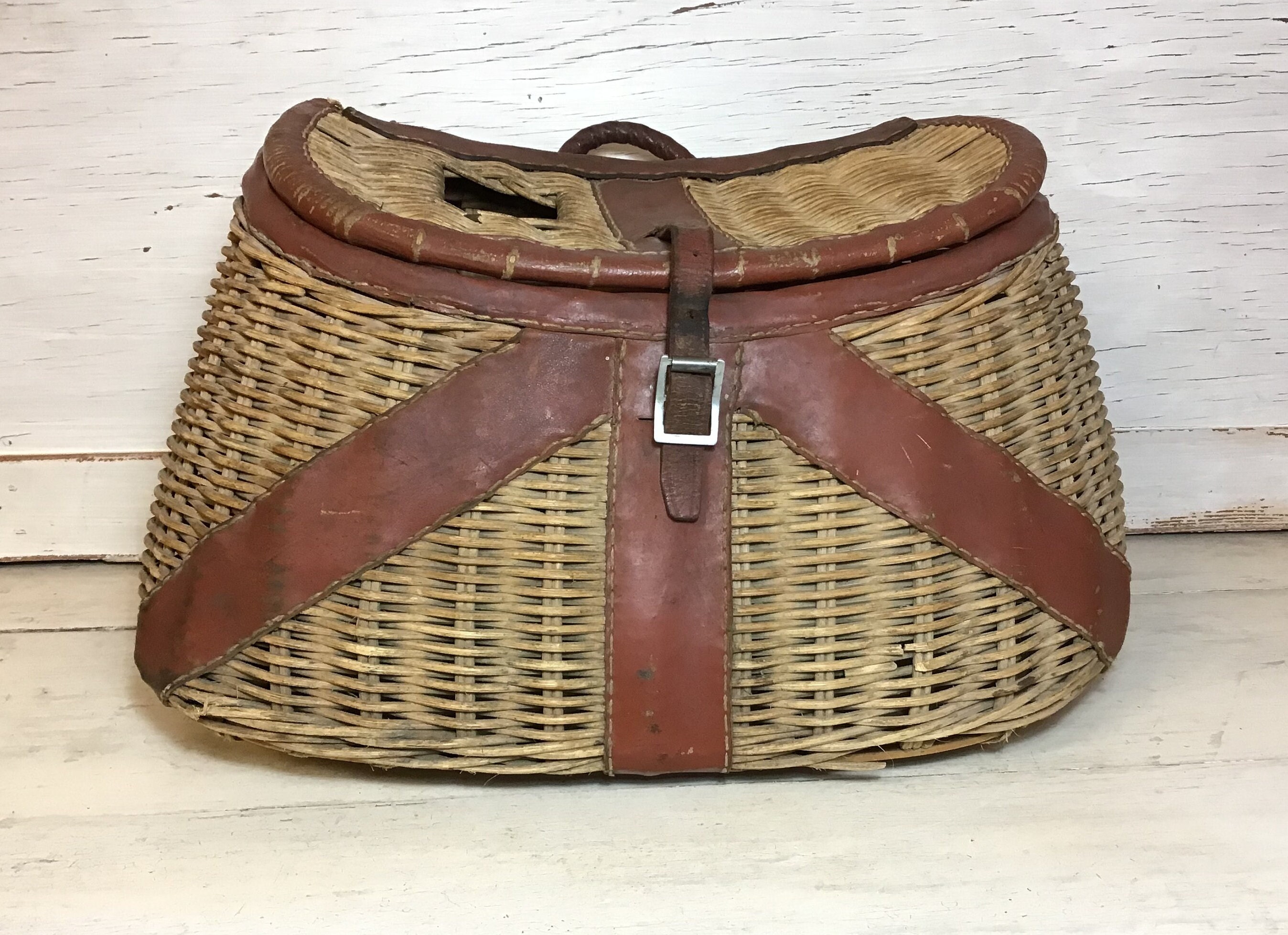 Large Vintage Fishing Creel - Wicker and Leather Basket