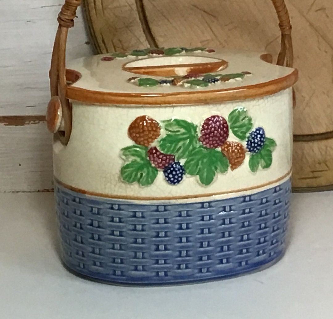 Vintage JAPAN Biscuit Jar Fruit Design Hand Painted Wicker Handle - Etsy