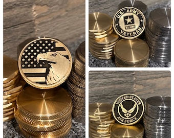 CUSTOM Double-Sided, Heavy 20 gram Laser Engraved Challenge Coins/Ball Markers.  1.25" Diameter, Stainless and Polished Brass, Any Design!!