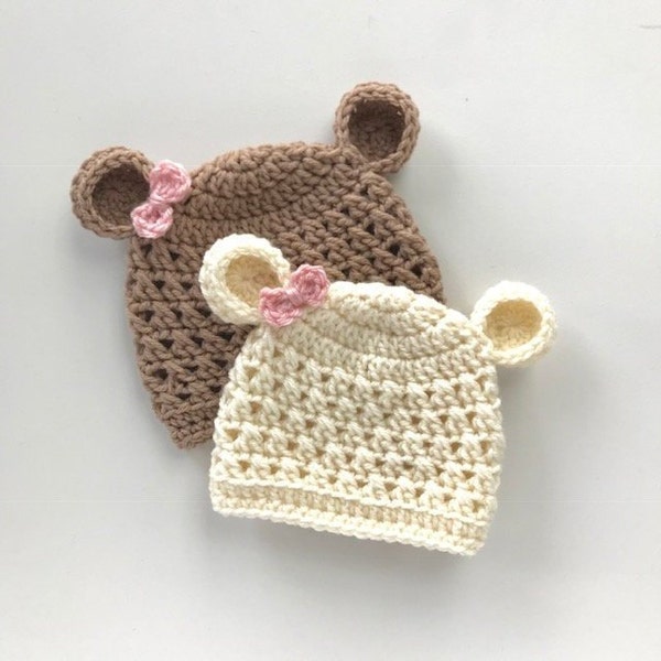 Baby Girl Hat, Baby Girl Beanie, Bear Crochet Hat, Baby Bear Hat, Newborn Bear Hat, Shower Gift, Baby Girl Bear Hat, Photoprop Hat