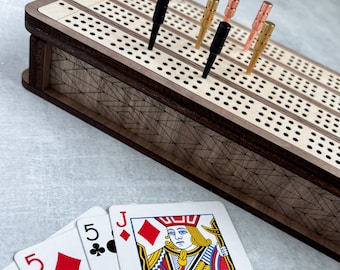 Walnut & Maple 4-Track Cribbage Board Set with Storage