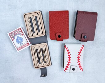 Travel Cribbage Board Game, Sports Theme, Pocket Cribbage, Mini Cribbage, Full Track, Leatherette Case, Card & Peg Storage