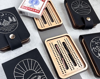 Travel Cribbage Board Game, Landscape Themes, Pocket Cribbage, Mini Cribbage, Full Track, Leatherette Case, Card & Peg Storage