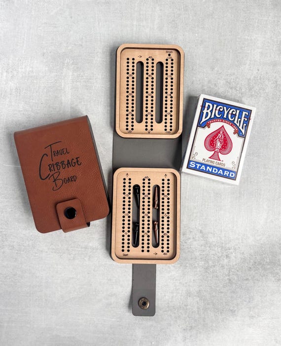 Travel Cribbage Board Game, Pocket Cribbage, Mini Cribbage, Full Track, Leatherette Case, Card & Peg Storage