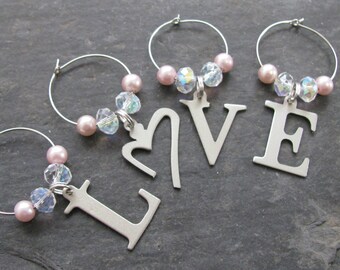 LOVE Wine Glass Charms - Set of Four, Wedding Gift, Engagement Gift, Wedding Wine Charms