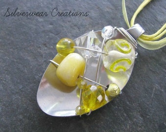 Spoon Necklace; Yellow Swirl; Wire Wrapped and Beaded; Up Cycle