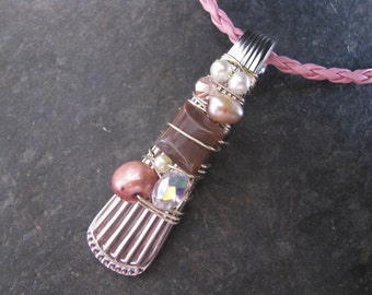 Spoon Necklace; Wire Wrapped and Beaded Spoon Handle; Pink Fall; Up Cycle