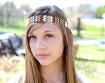 Handbeaded headband with leather ties