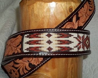 Handmade, beaded, leather, two tone belt